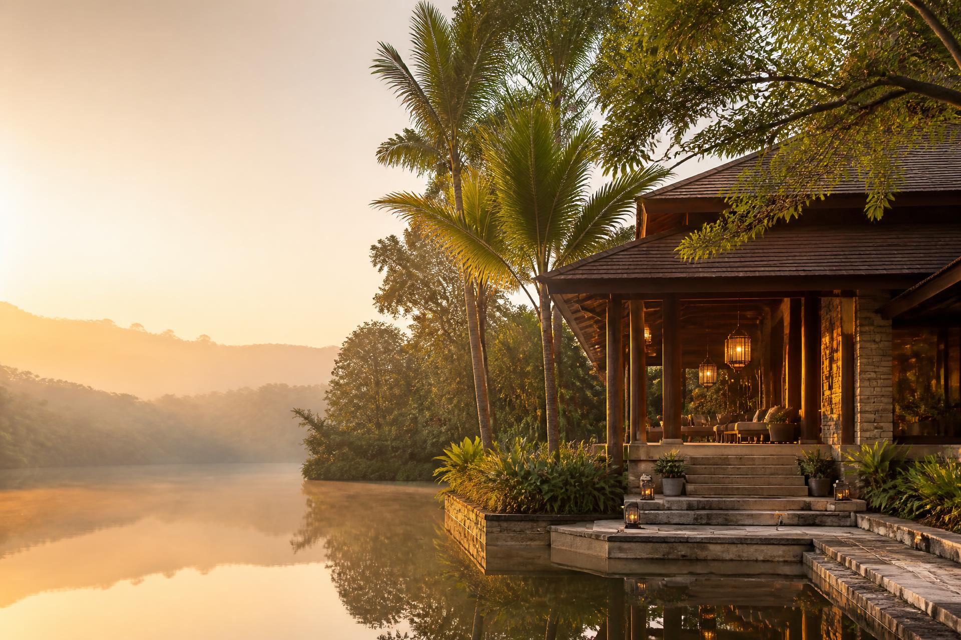 A warm timber-and-stone resort pavilion with glowing lanterns beside a still lake at golden hour