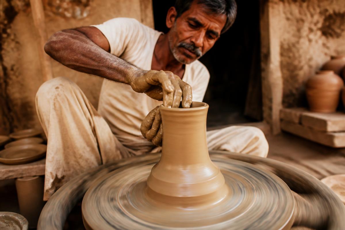 A potter shaping clay on a wheel in a sunlit village workshop