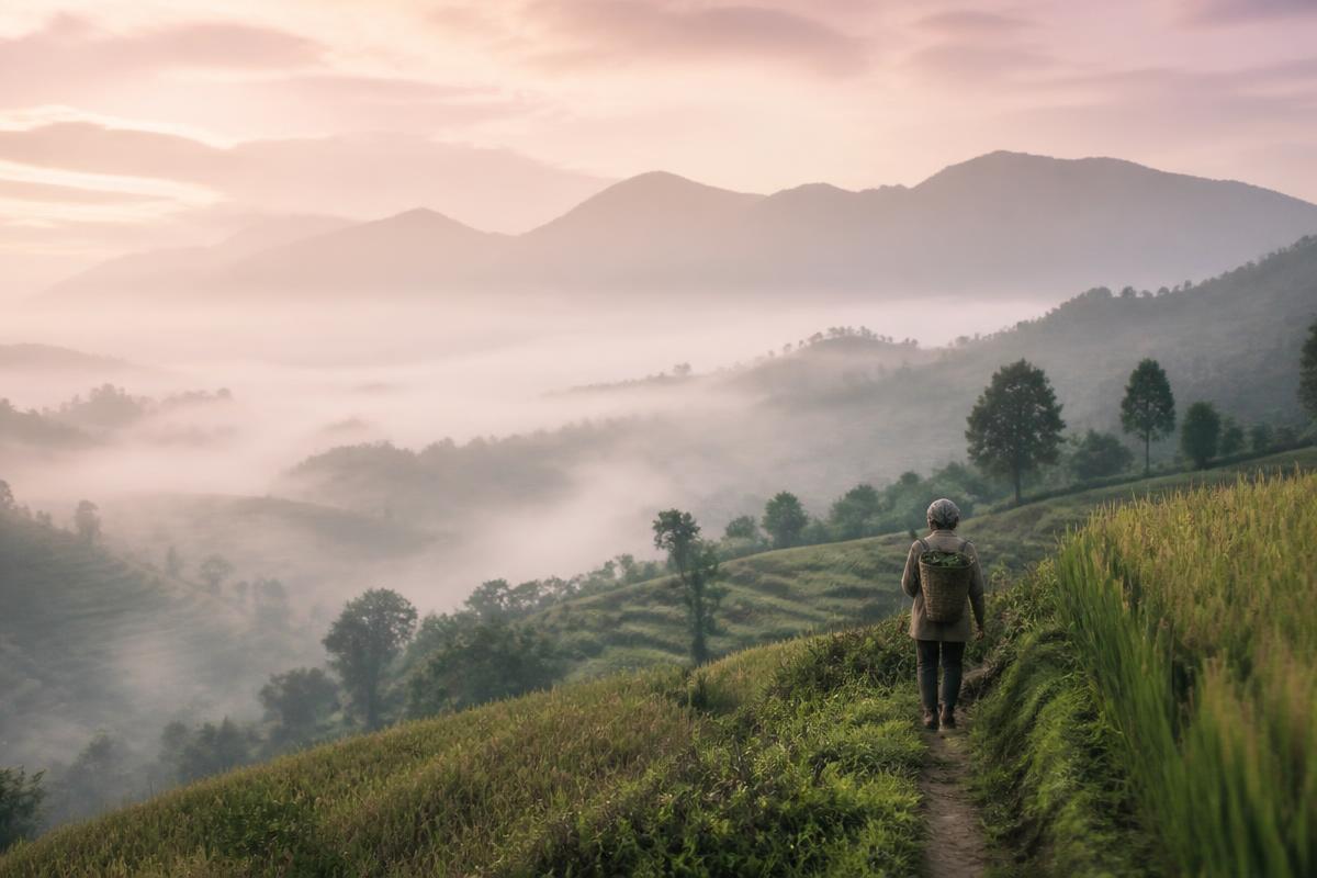 Mist over terraced hill fields at dawn with a lone walker