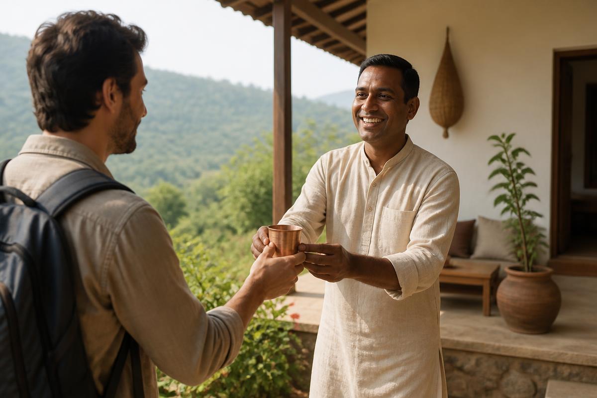 A host offering a copper cup of welcome drink to an arriving traveller