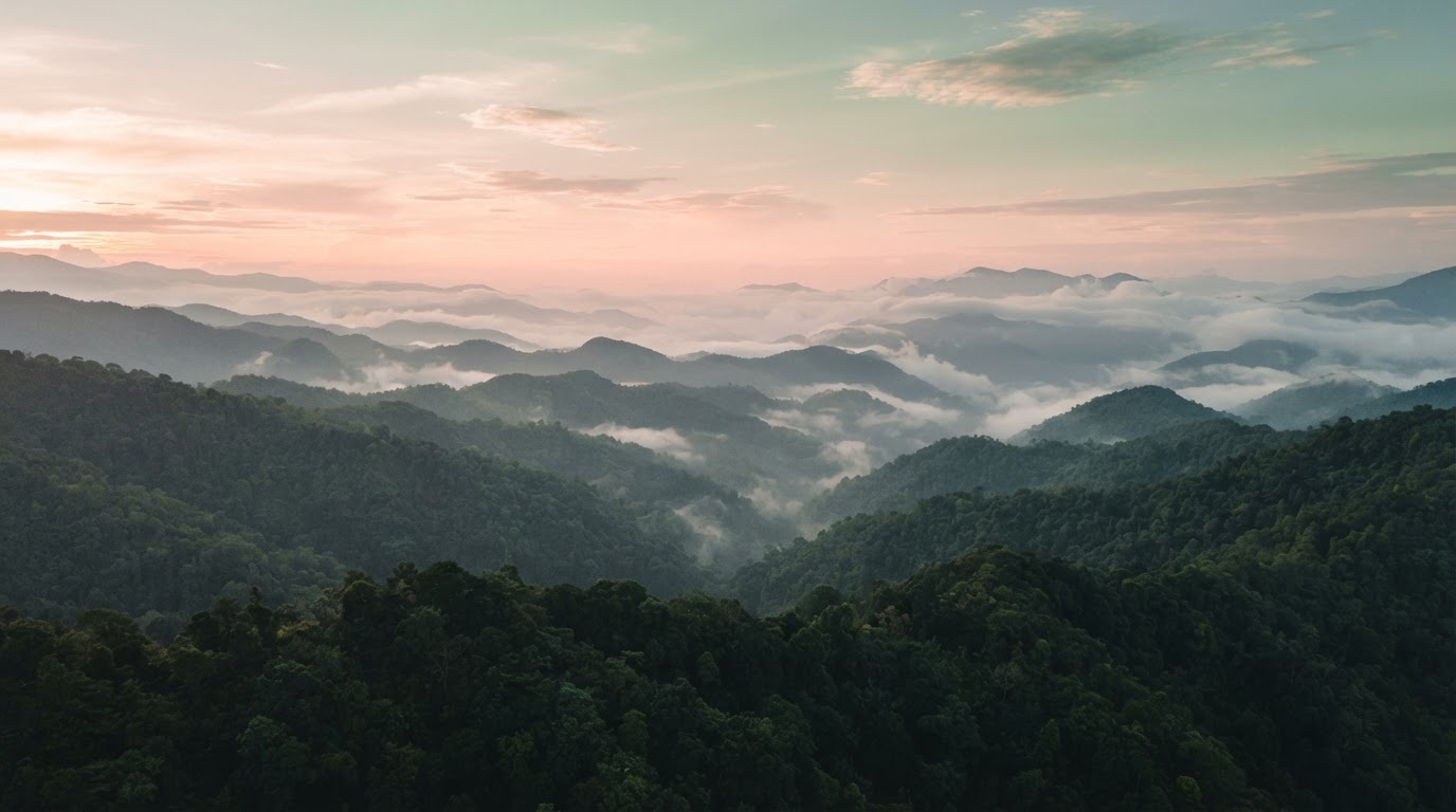 Mist rolling over layered forested foothills at sunrise
